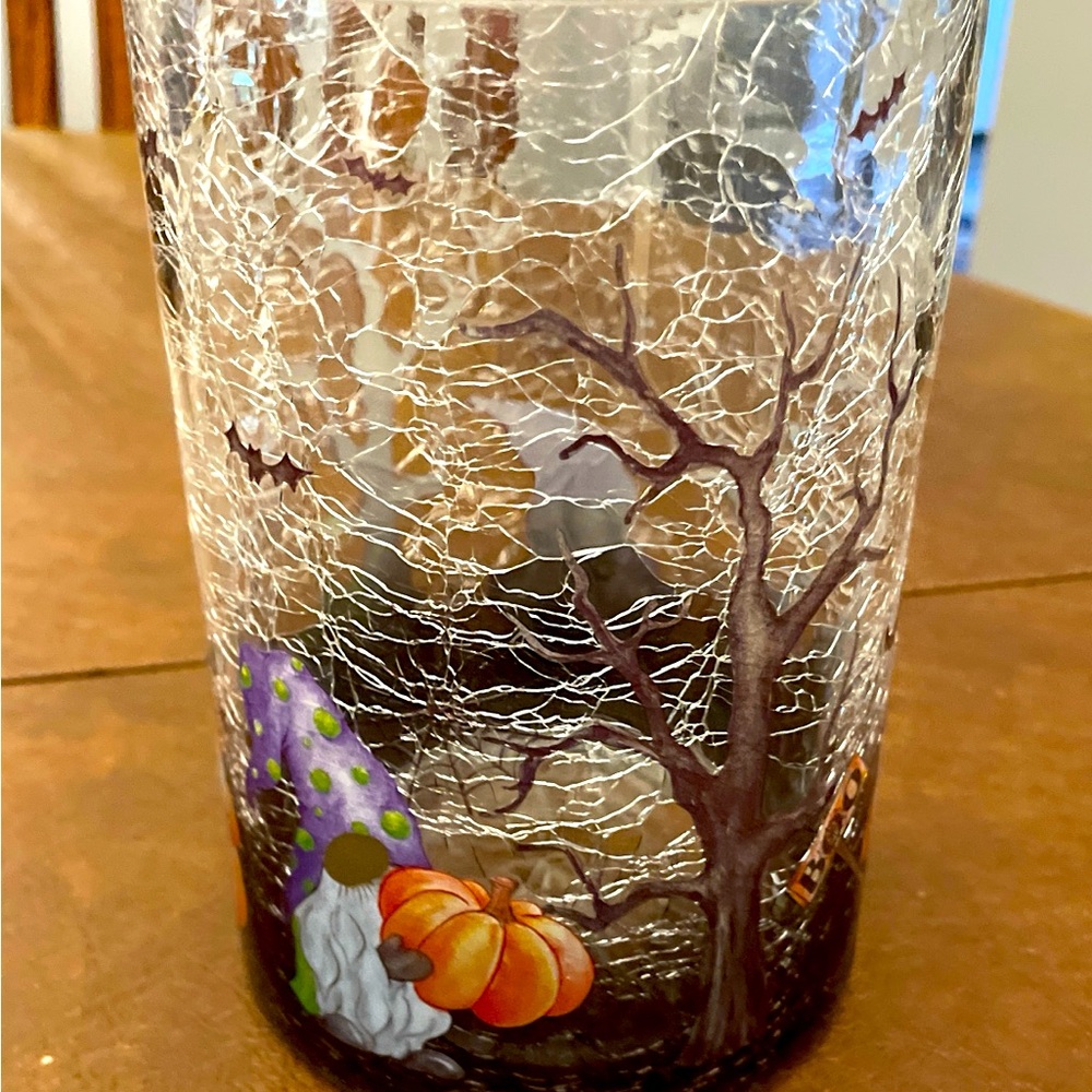 Halloween Themed Glass Candle Holder with Gnome and Pumpkins